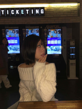 Cable Off-Shoulder Balloon Sleeve Knit