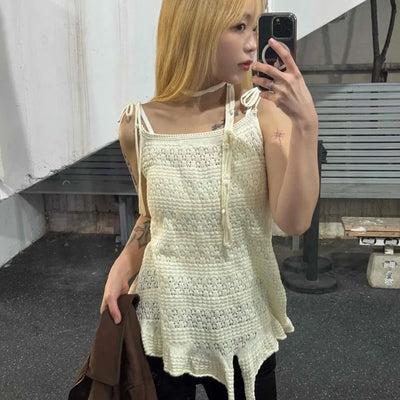 Romantic Eyelet Strap Shirred Frill Sleeveless