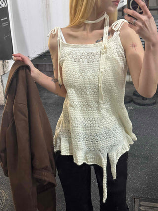 Romantic Eyelet Strap Shirred Frill Sleeveless