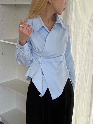 Asymmetrical Twist Shirred Wide Collar Shirt