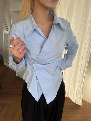 Asymmetrical Twist Shirred Wide Collar Shirt