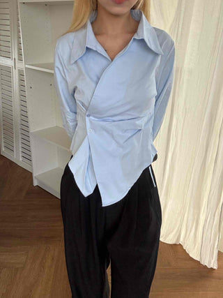 Asymmetrical Twist Shirred Wide Collar Shirt