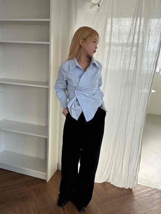 Asymmetrical Twist Shirred Wide Collar Shirt