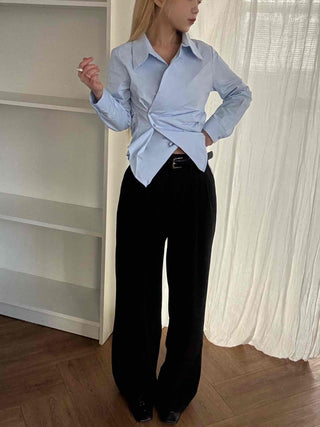 Asymmetrical Twist Shirred Wide Collar Shirt