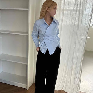 Asymmetrical Twist Shirred Wide Collar Shirt