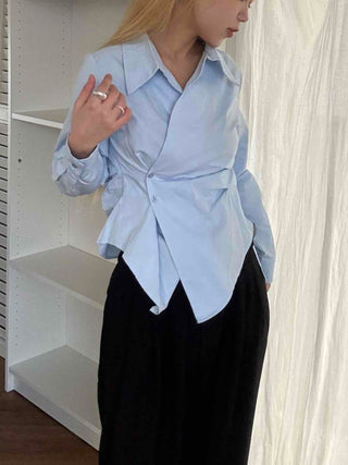 Asymmetrical Twist Shirred Wide Collar Shirt