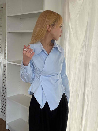 Asymmetrical Twist Shirred Wide Collar Shirt