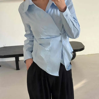 Asymmetrical Twist Shirred Wide Collar Shirt