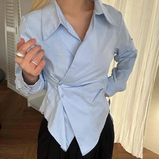 Asymmetrical Twist Shirred Wide Collar Shirt