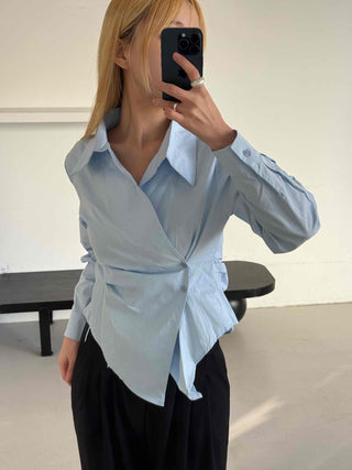 Asymmetrical Twist Shirred Wide Collar Shirt