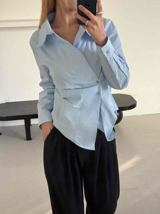 Asymmetrical Twist Shirred Wide Collar Shirt