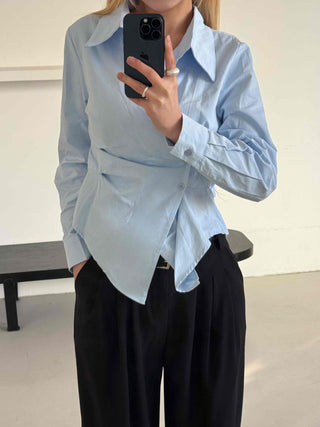 Asymmetrical Twist Shirred Wide Collar Shirt