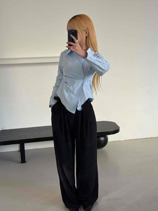 Asymmetrical Twist Shirred Wide Collar Shirt