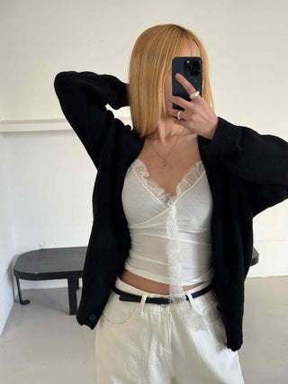 Andy Puff Shoulder Cropped Color Block Cardigan