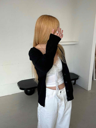Andy Puff Shoulder Cropped Color Block Cardigan