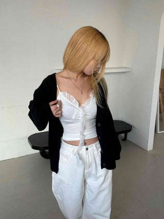 Andy Puff Shoulder Cropped Color Block Cardigan