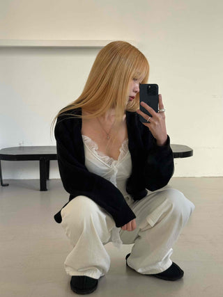 Andy Puff Shoulder Cropped Color Block Cardigan