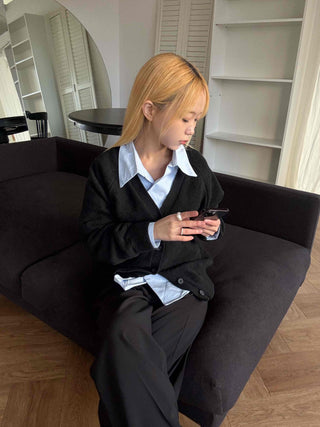 Andy Puff Shoulder Cropped Color Block Cardigan