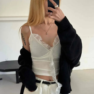Chiffon Mesh Strap Banding Shirred Crop Sleeveless