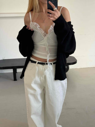 Chiffon Mesh Strap Banding Shirred Crop Sleeveless
