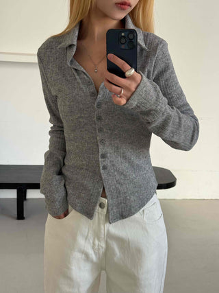 Melting See-through Button Collar Crop Knit Cardigan