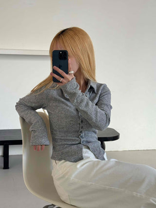 Melting See-through Button Collar Crop Knit Cardigan