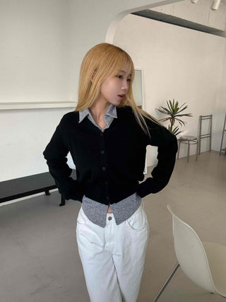 Melting See-through Button Collar Crop Knit Cardigan
