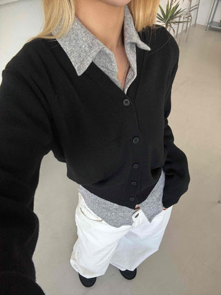 Melting See-through Button Collar Crop Knit Cardigan