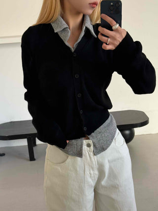 Melting See-through Button Collar Crop Knit Cardigan