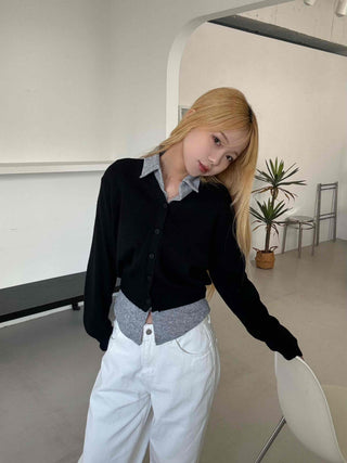 Crop Layered Basic V-Neck Cardigan
