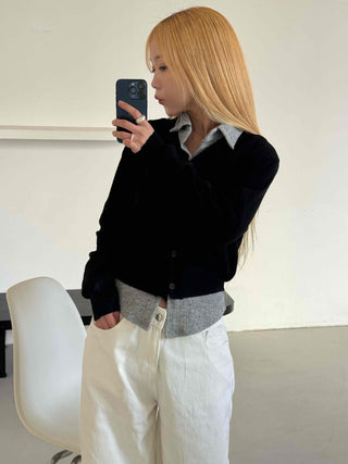 Crop Layered Basic V-Neck Cardigan
