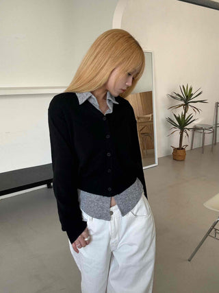 Crop Layered Basic V-Neck Cardigan