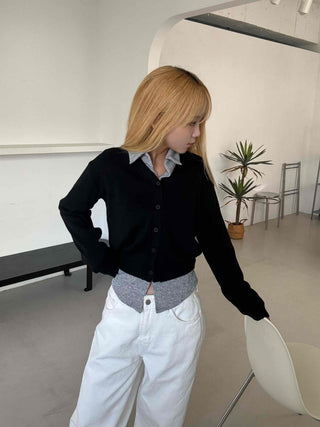 Crop Layered Basic V-Neck Cardigan