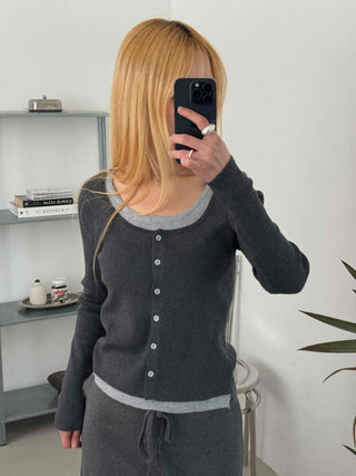 Bicolor Trimmed Slim Contrast Knit Cardigan