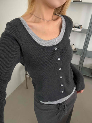 Bicolor Trimmed Slim Contrast Knit Cardigan