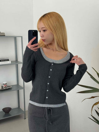 Bicolor Trimmed Slim Contrast Knit Cardigan