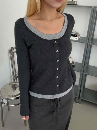 Bicolor Trimmed Slim Contrast Knit Cardigan