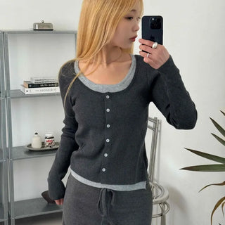 Bicolor Trimmed Slim Contrast Knit Cardigan