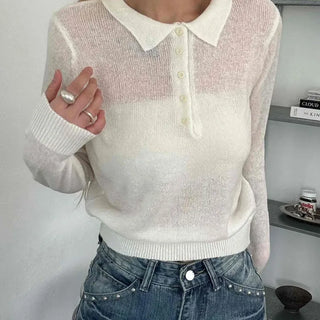 Delicate Fit See-through Button Collar Crop Knit T-shirt