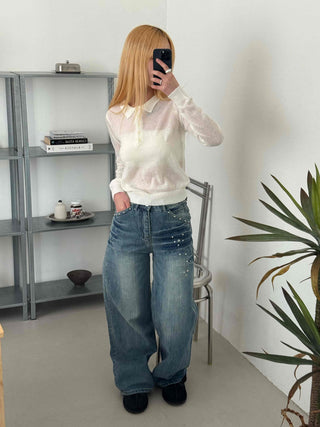 Delicate Fit See-through Button Collar Crop Knit T-shirt