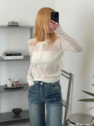 Delicate Fit See-through Button Collar Crop Knit T-shirt