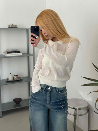 Delicate Fit See-through Button Collar Crop Knit T-shirt