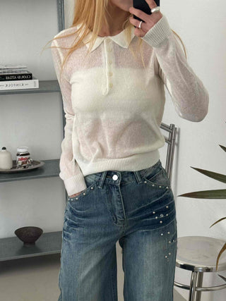 Delicate Fit See-through Button Collar Crop Knit T-shirt