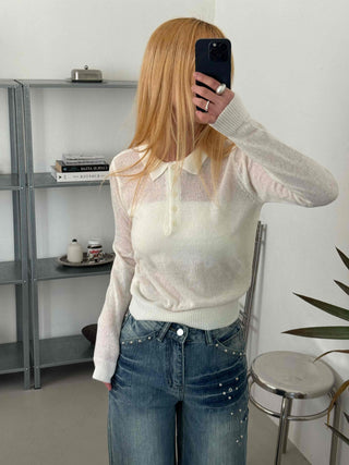 Delicate Fit See-through Button Collar Crop Knit T-shirt