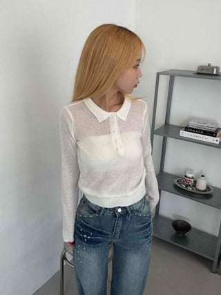 Delicate Fit See-through Button Collar Crop Knit T-shirt