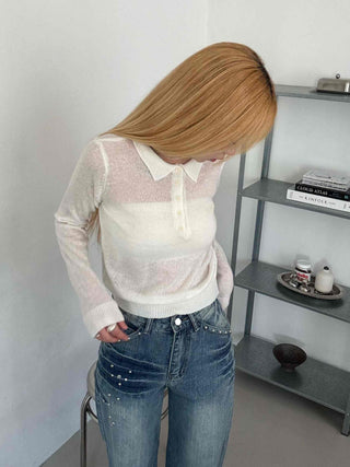Delicate Fit See-through Button Collar Crop Knit T-shirt