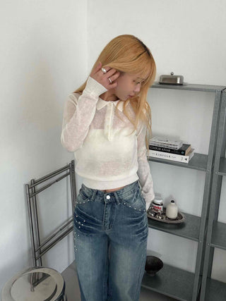Delicate Fit See-through Button Collar Crop Knit T-shirt
