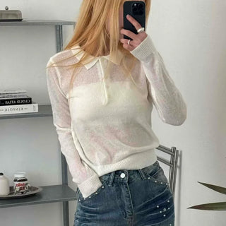 Delicate Fit See-through Button Collar Crop Knit T-shirt