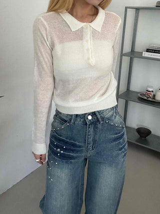 Delicate Fit See-through Button Collar Crop Knit T-shirt