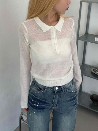 Delicate Fit See-through Button Collar Crop Knit T-shirt